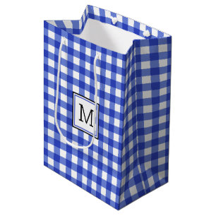 Blue Gingham Check Monogram Medium Gift Bag
