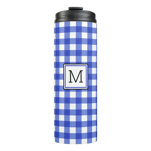 Blue Gingham Check Monogram Thermal Tumbler (Front)