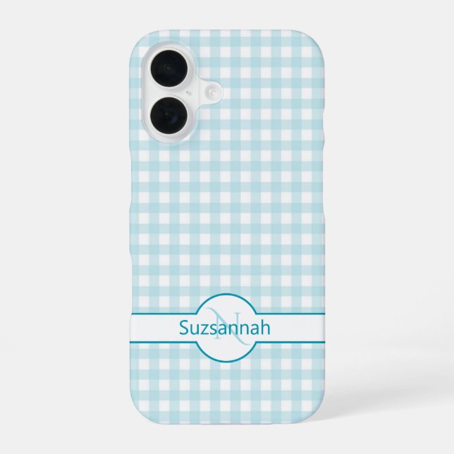 Blue Gingham Check Monogrammed Custom Case-Mate iPhone 16 Case (Back)