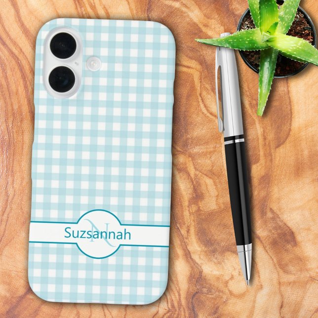 Blue Gingham Check Monogrammed Custom Case-Mate iPhone Case (iPhone case back with template name and monogram)