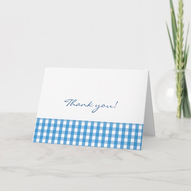Blue Gingham Check Pattern Thank You Card (Front)