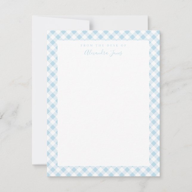 Blue Gingham Check Personal Stationery Note Card (Front)
