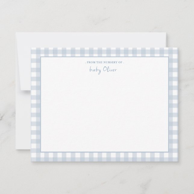 Blue Gingham check Personalised Flat Thank You Card (Front)