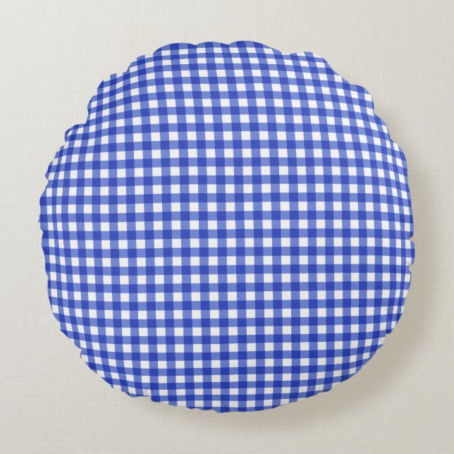 Blue Gingham Check Round Cushion (Front)