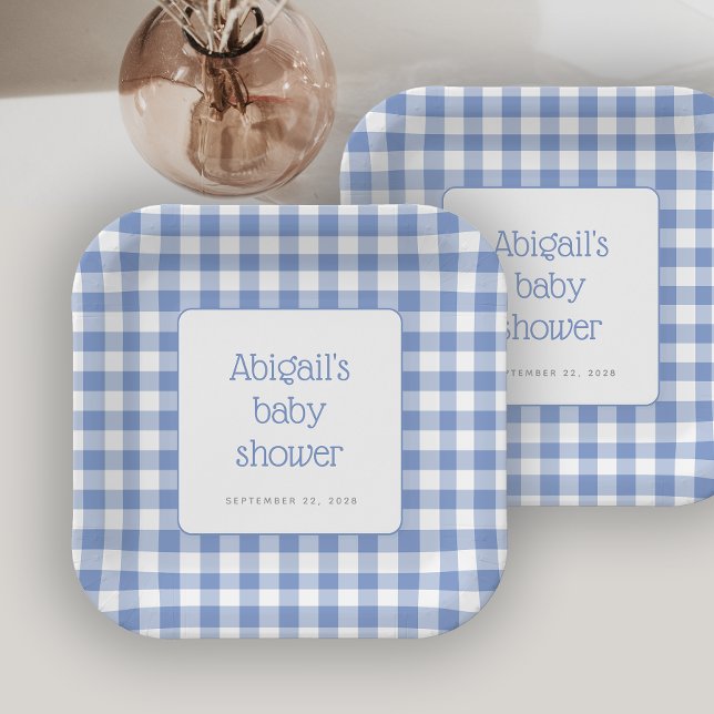 Blue Gingham Check Rustic Boys Baby Shower Paper Plate (Creator Uploaded)