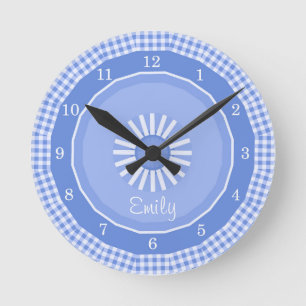 Blue Gingham Checks Round Clock