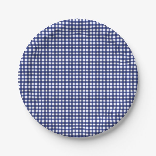 blue gingham chequered stylish trendy   paper plate (Front)