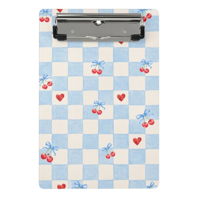 Blue Gingham Cherry Pattern with Pink Hearts – Cut Mini Clipboard (Front)