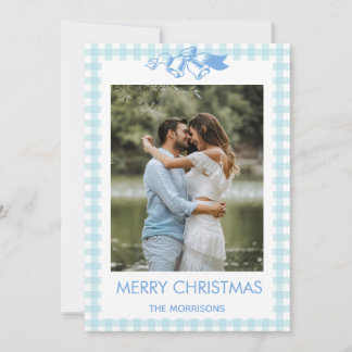 Blue Gingham Christmas Couple Photo Holiday Card