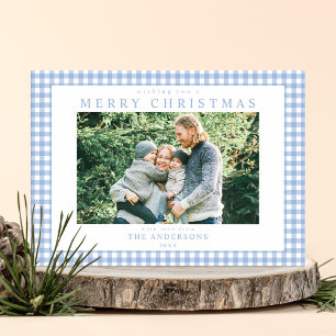 Blue Gingham Christmas Photo Holiday Card