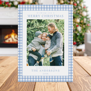 Blue Gingham Christmas Photo Holiday Card