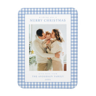 Blue Gingham Christmas Photo Magnet