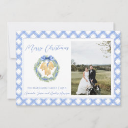 Blue Gingham Christmas Wreath Bells Vintage Photo Holiday Card