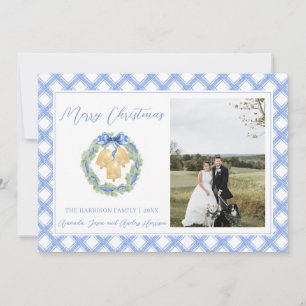 Blue Gingham Christmas Wreath Bells Vintage Photo  Holiday Card