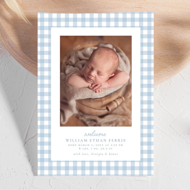 Blue gingham classic simple two photo birth announcement (Creator Uploaded)