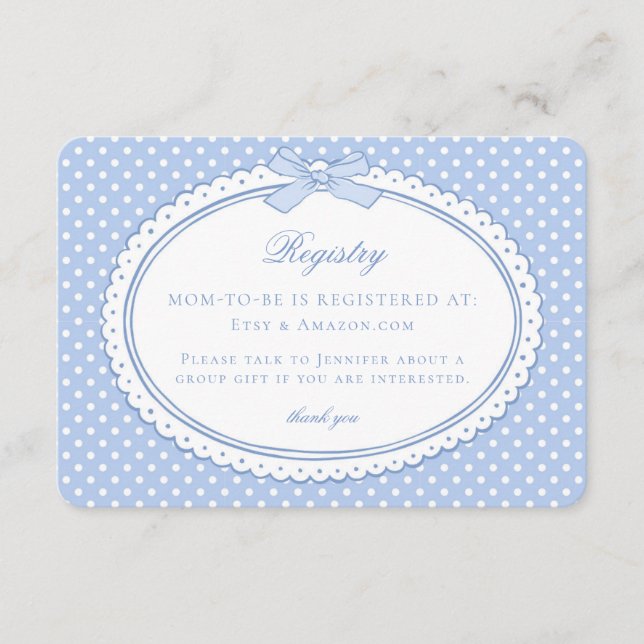 Blue Gingham Coquette Bow Baby Registry Enclosure Card (Front)