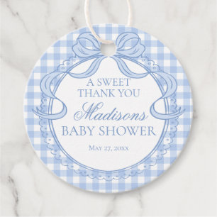 Blue Gingham Coquette Bow Baby Shower Circle Favour Tags