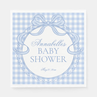 Blue Gingham Coquette Bow Baby Shower Dessert Napkin