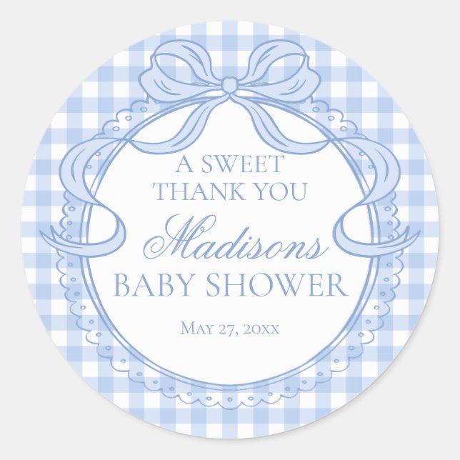 Blue Gingham Coquette Bow Baby Shower Favour Classic Round Sticker (Front)