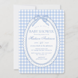 Blue Gingham Coquette Bow Baby Shower Invitation