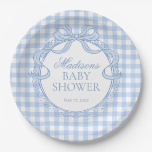 Blue Gingham Coquette Bow Baby Shower Paper Plate
