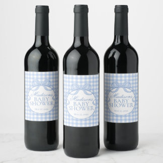 Blue Gingham Coquette Bow Baby Shower Wine Label
