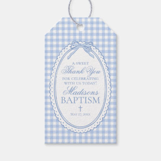 Blue Gingham Coquette Bow Baptism Favors Gift Tags