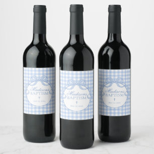 Blue Gingham Coquette Bow Baptism Wine Label