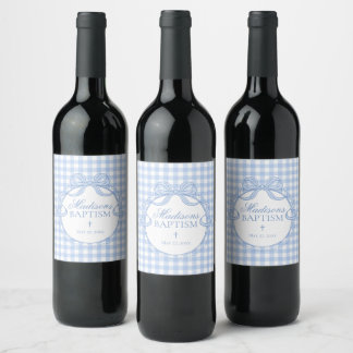 Blue Gingham Coquette Bow Baptism Wine Label