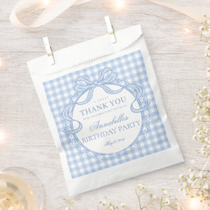 Blue Gingham Coquette Bow Birthday Party Dessert Favour Bags
