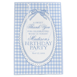 Blue Gingham Coquette Bow Birthday Party Favors Medium Gift Bag
