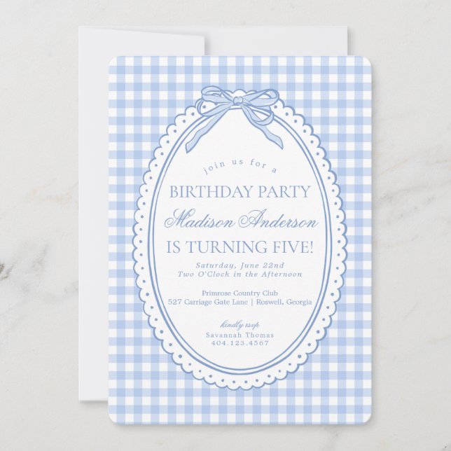 Blue Gingham Coquette Bow Birthday Party Invitation (Front)