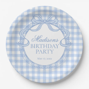Blue Gingham Coquette Bow Birthday Party Paper Plate