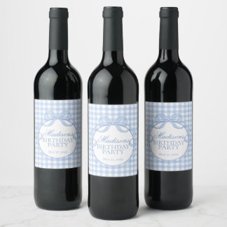 Blue Gingham Coquette Bow Birthday Party Wine Label