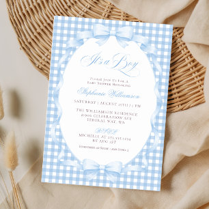 Blue Gingham Coquette Bow Boy Baby Shower Invitation