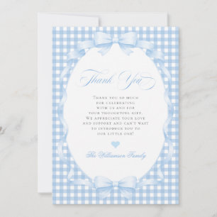 Blue Gingham Coquette Bow Boy Baby Shower Thank You Card