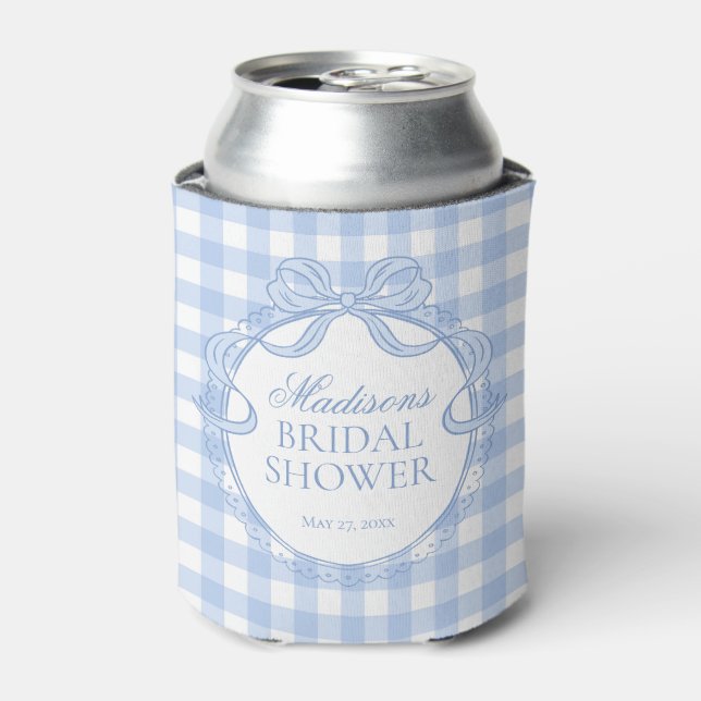 Blue Gingham Coquette Bow Bridal Shower Favour Can Cooler (Can Front)