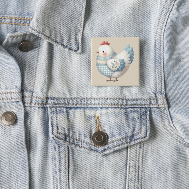 Blue Gingham Cottage Hen 15 Cm Square Badge (In Situ)