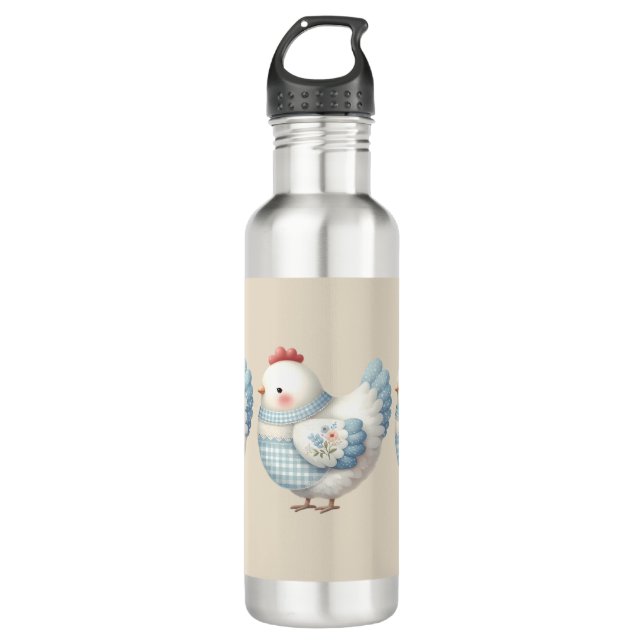 Blue Gingham Cottage Hen 710 Ml Water Bottle (Front)