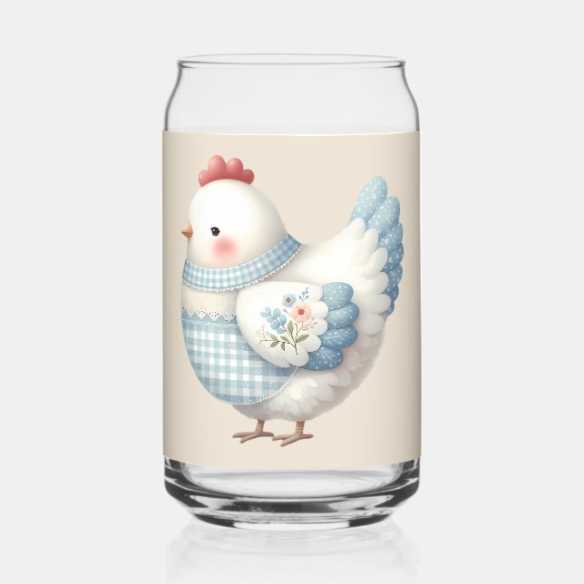 Blue Gingham Cottage Hen Can Glass (Front)