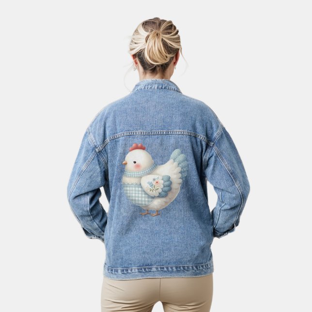 Blue Gingham Cottage Hen Denim Jacket (Model)