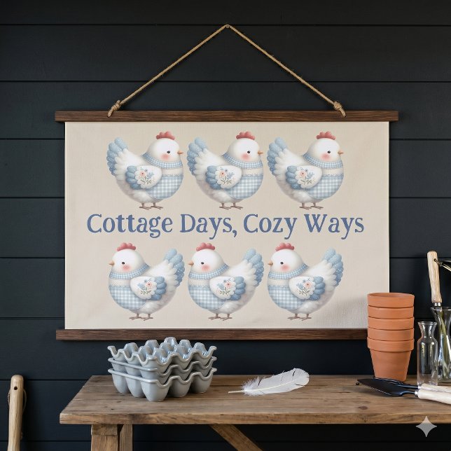 Blue Gingham Cottage Hen  Hanging Tapestry (Blue Gingham Cottage Hen Hanging Tapestry)