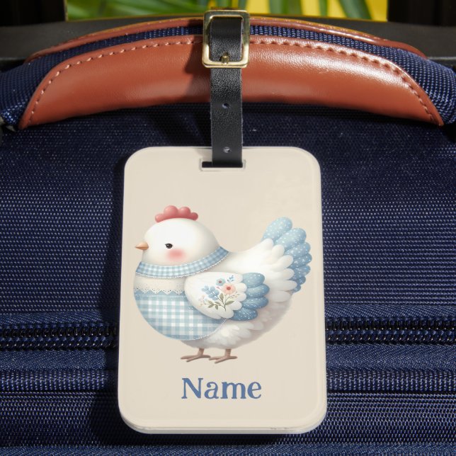 Blue Gingham Cottage Hen Luggage Tag (Front Insitu 2)