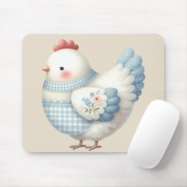 Blue Gingham Cottage Hen Mouse Mat (With Mouse)