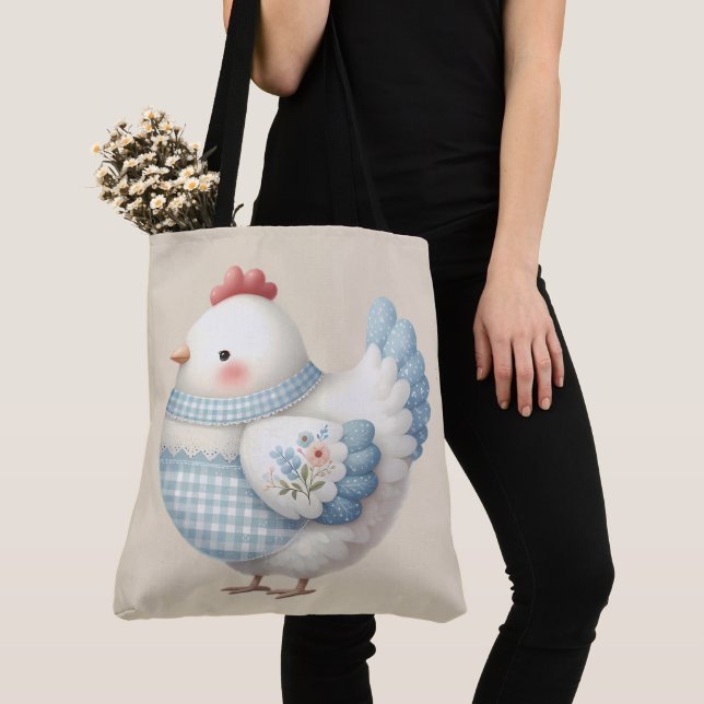 Blue Gingham Cottage Hen Tote Bag (Close Up)