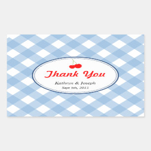 Blue gingham country picnic red cherry wedding rectangular sticker
