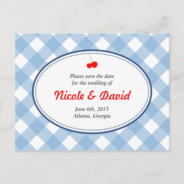 Blue gingham country rustic cherry save the date announcement postcard (Front)