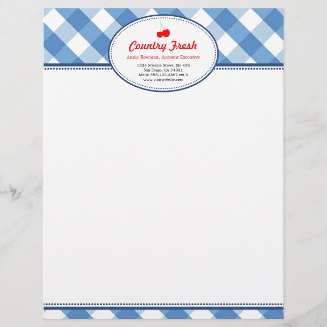 Blue gingham country rustic red cherry personal personalised letterhead (Front)