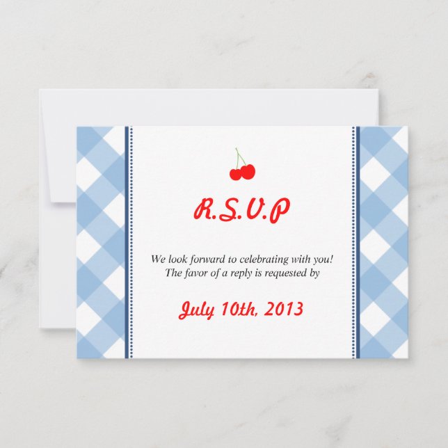 Blue gingham country rustic wedding response invitation (Front)