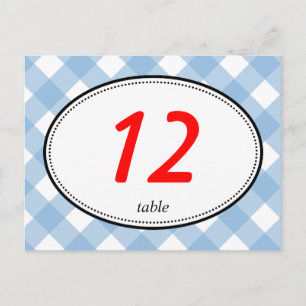 Blue gingham country rustic wedding table number postcard